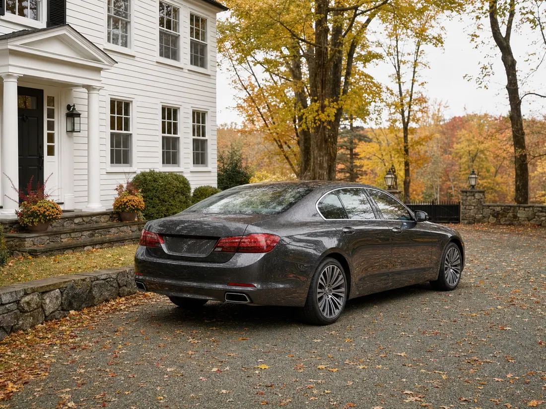 Sedan in the driveway of a white colonial New England home in Connecticut with stone walls and maples in fall color - selling a car in Connecticut