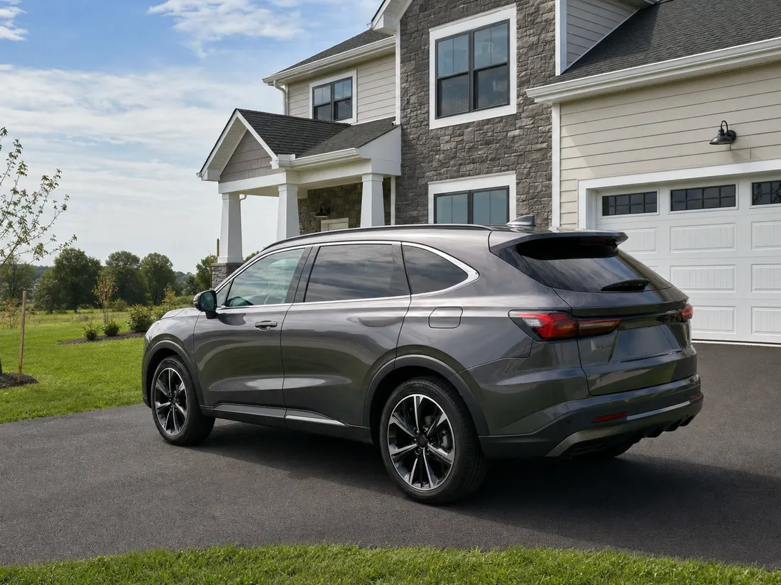 Crossover in the driveway of a new vinyl-and-stone suburban home in Middletown Delaware with young trees and open sky - selling a car in Middletown