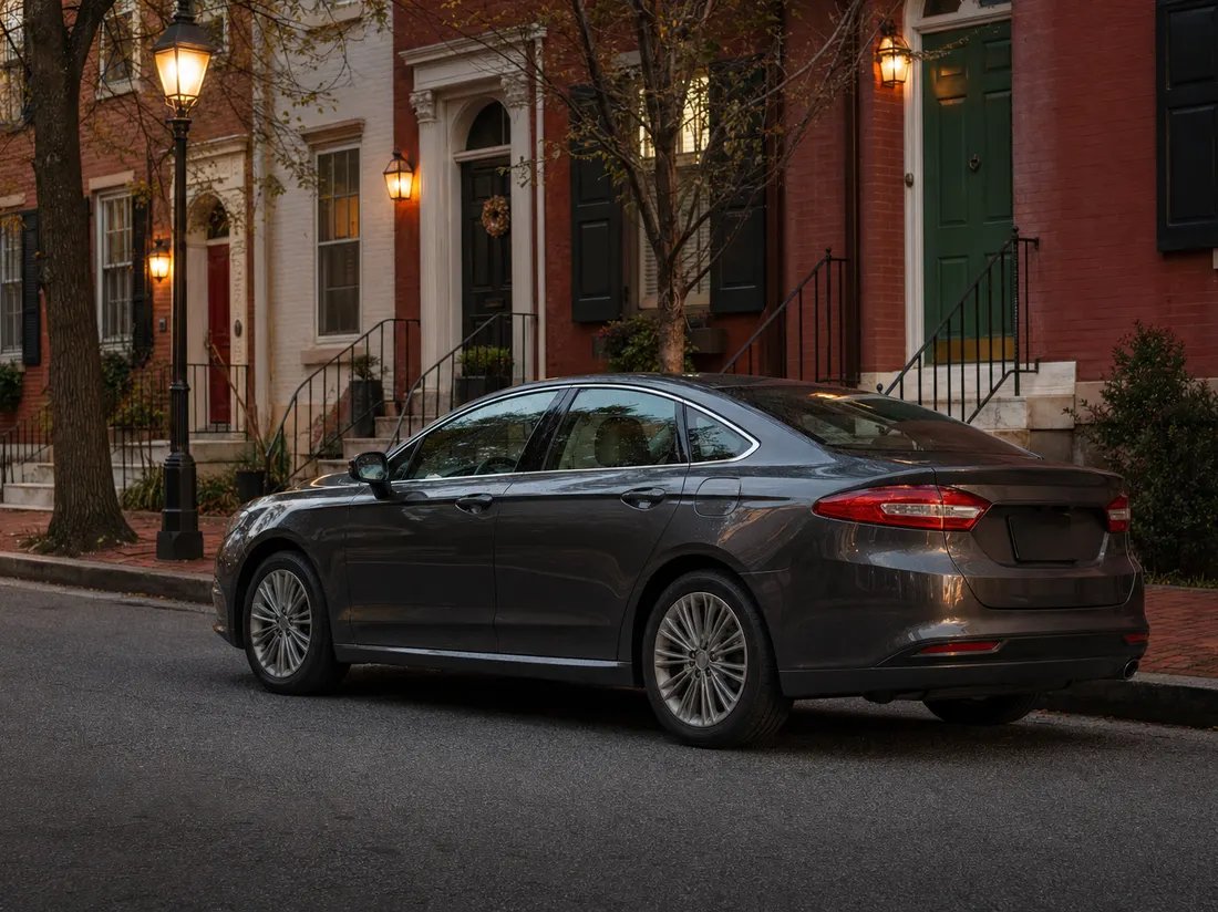Sedan parked on a brick-sidewalk block of rowhomes in Wilmington Delaware with painted doors and marble steps - selling a car in Wilmington