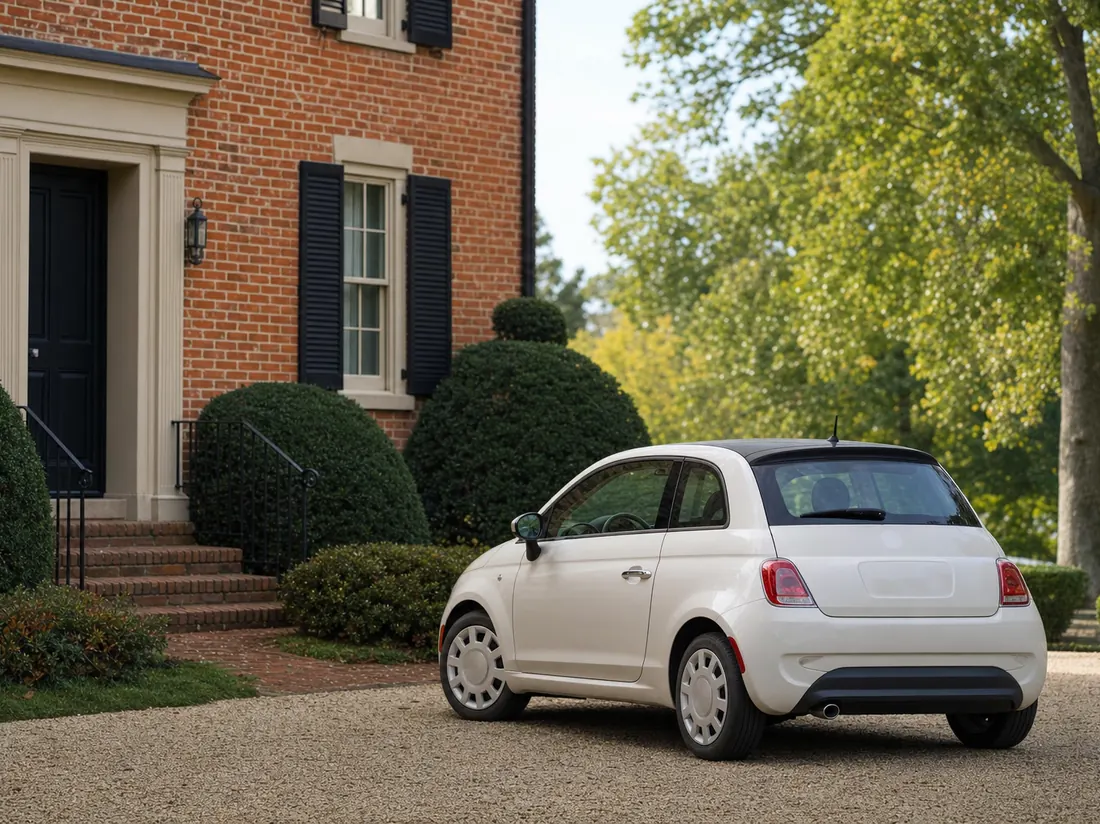 Compact car parked at a brick Delaware colonial home with a neat hedge - selling a car in Delaware