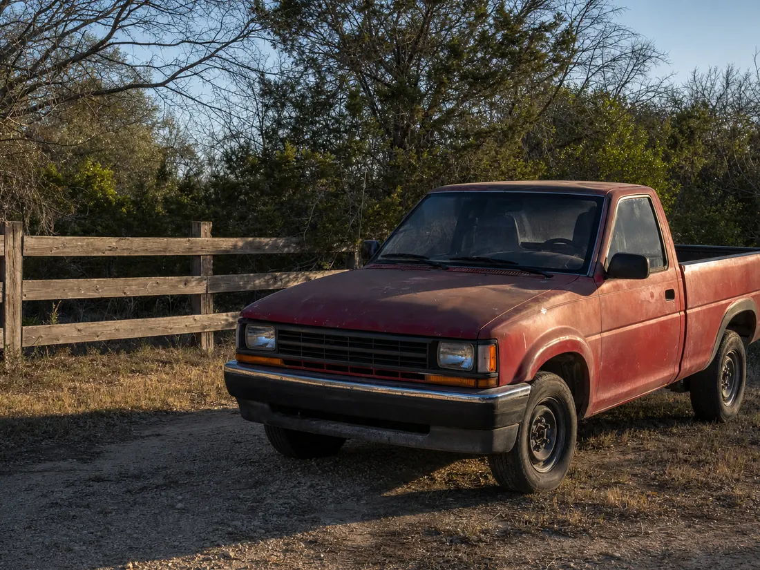 Well-used red pickup truck by a fence line on a Fort Worth property