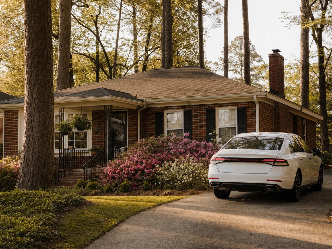 White sedan in the driveway of a brick Atlanta bungalow with tall pines and azaleas - selling a car in Atlanta