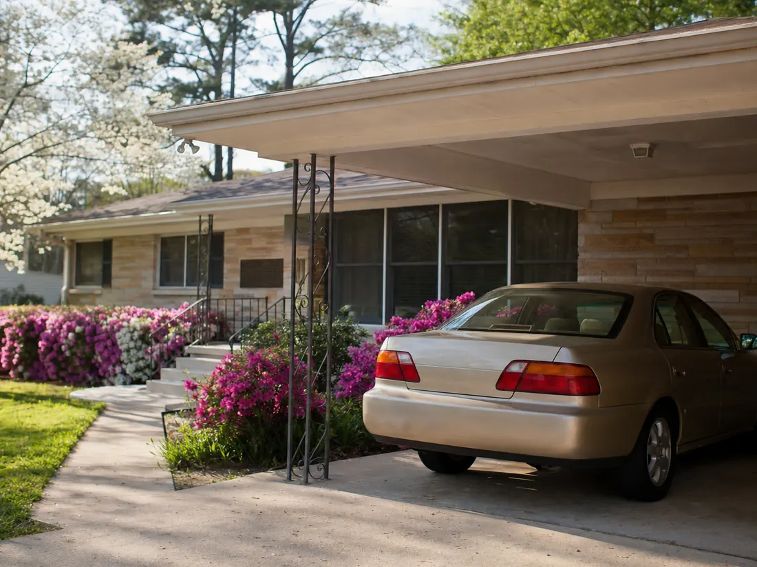 Tan sedan under a carport at an Augusta ranch home with azaleas in bloom - selling a car in Augusta