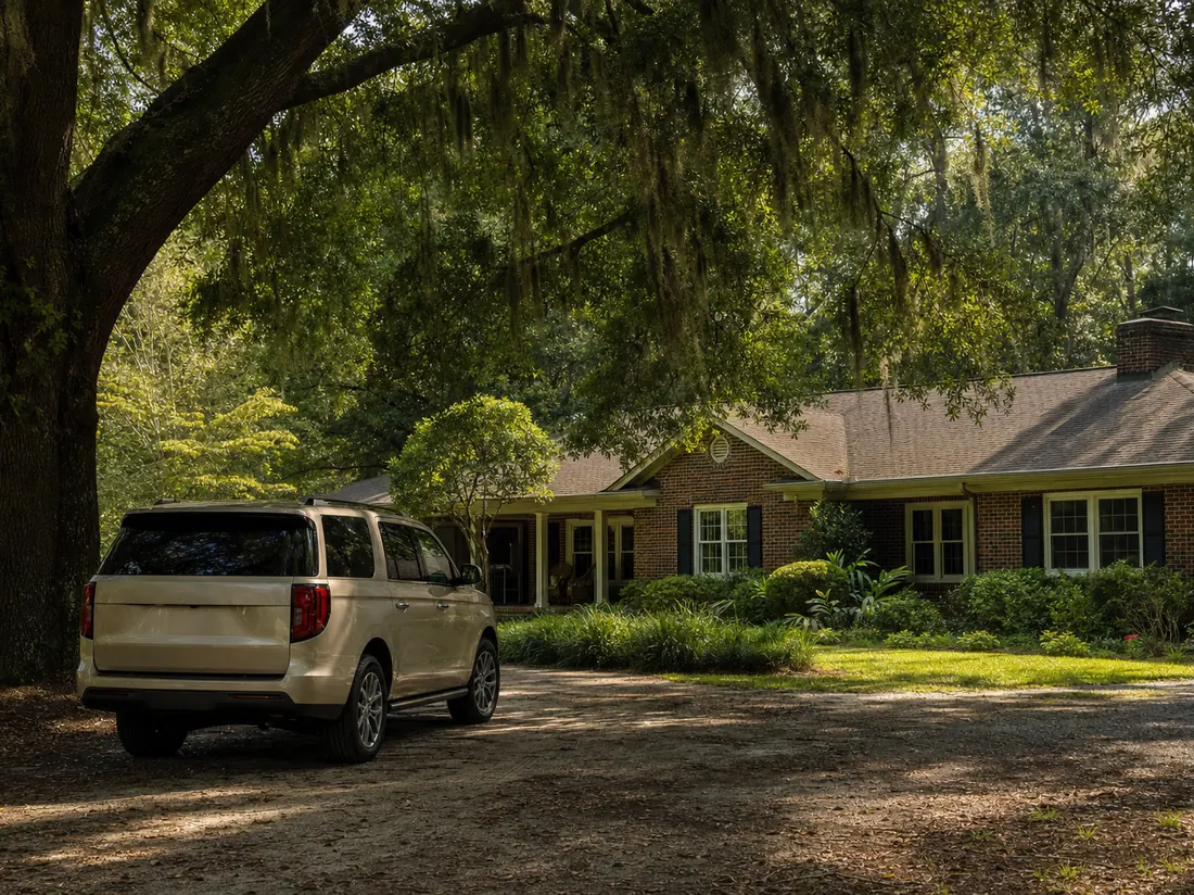 Tan SUV parked under a moss-draped oak outside a brick ranch home in Georgia - selling a car in Georgia