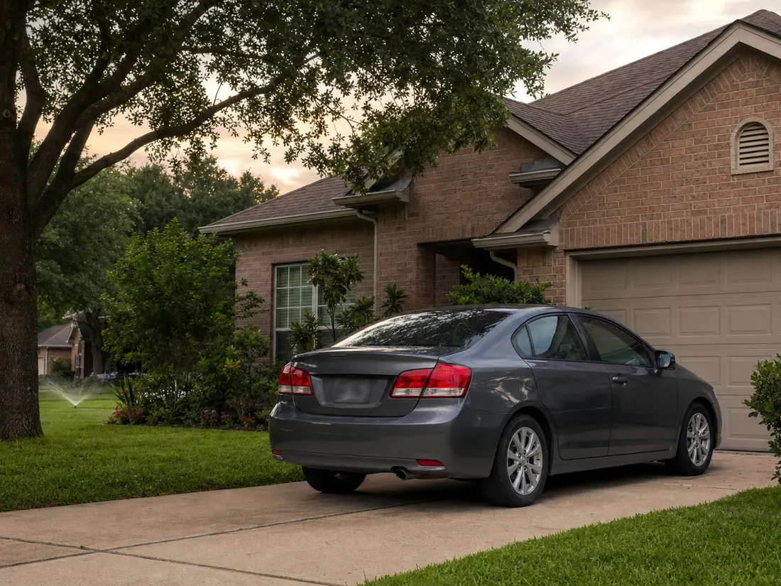 Sedan in the driveway of a Houston-area home, ready to be sold for cash