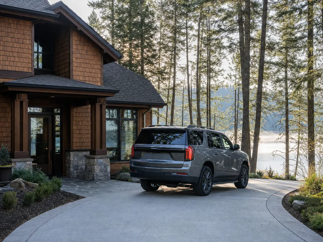 SUV in the driveway of a cedar-sided home near Coeur d'Alene Idaho with tall pines and lake haze between the trunks - selling a car in Coeur d'Alene