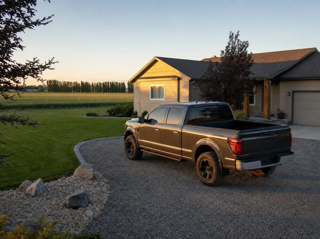 Pickup truck in the gravel drive of a modest ranch home outside Nampa Idaho with irrigated farm fields and poplar windbreaks beyond - selling a car in Nampa
