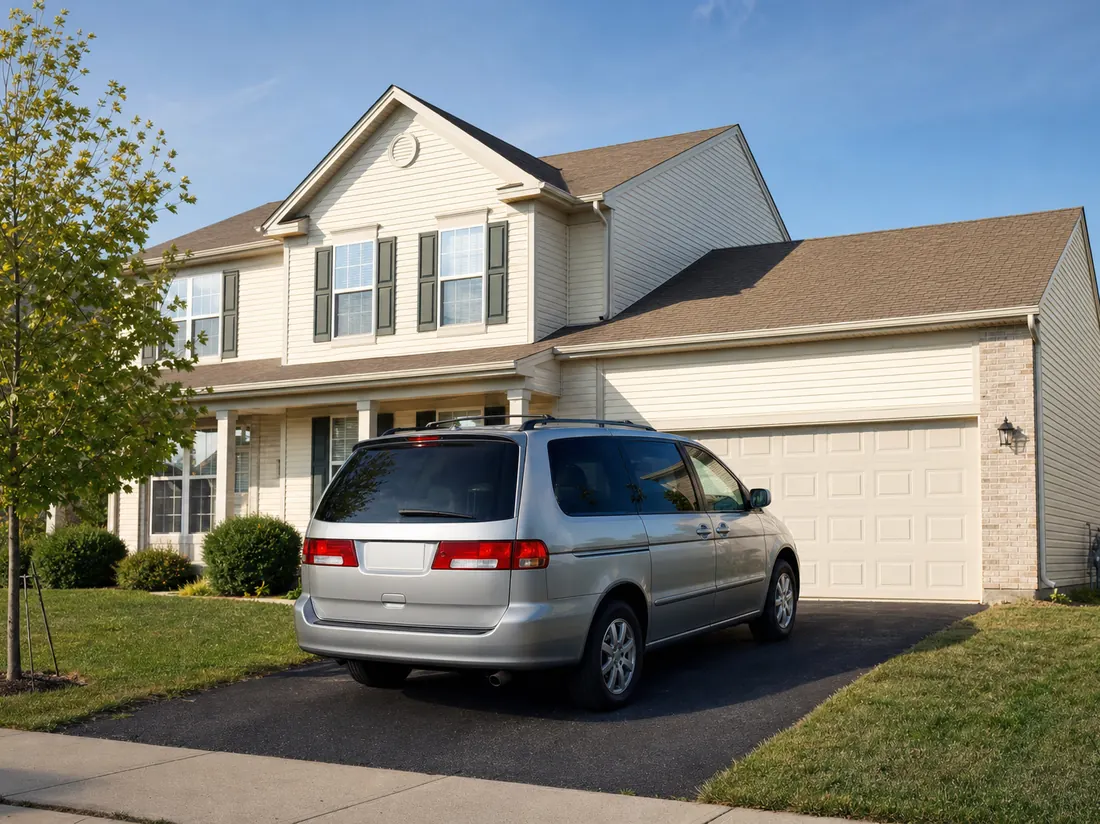 Minivan in the driveway of a two-story suburban Aurora home with a young maple - selling a car in Aurora