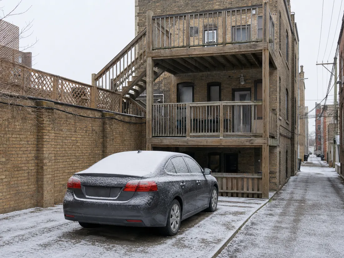 Sedan on the alley-side parking pad of a Chicago brick two-flat with wooden back porches - selling a car in Chicago