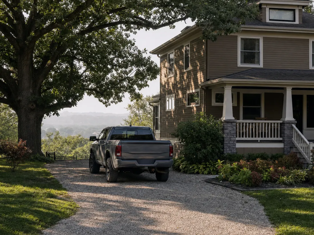 Pickup truck in the gravel side drive of a Peoria foursquare home with river-valley haze - selling a car in Peoria