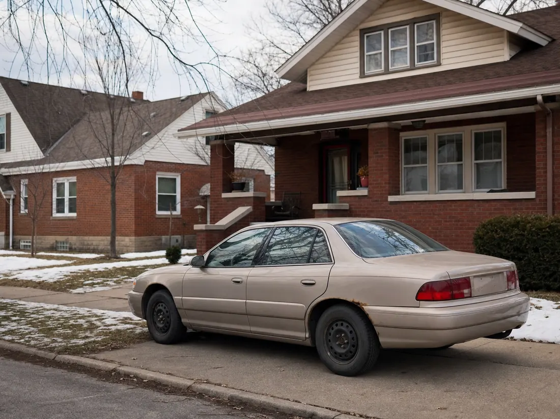 Older sedan with light rust at the wheel arches beside a brick Rockford bungalow in late-winter thaw - selling a car in Rockford