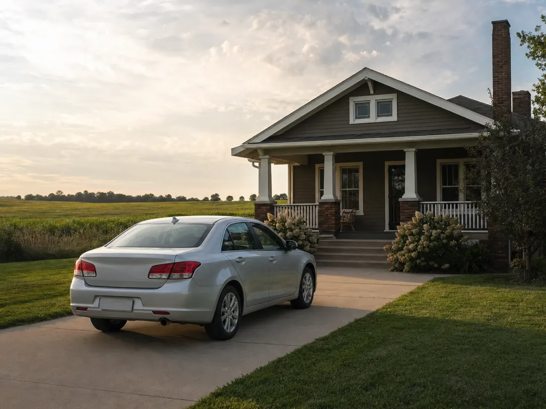 Silver sedan on the driveway of a Midwestern bungalow under a wide prairie sky - selling a car in Illinois