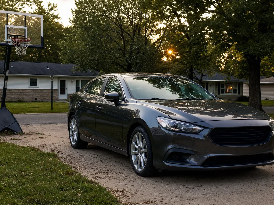 Sedan in an Indianapolis driveway with a basketball hoop and flat tree-lined street - selling a car in Indianapolis