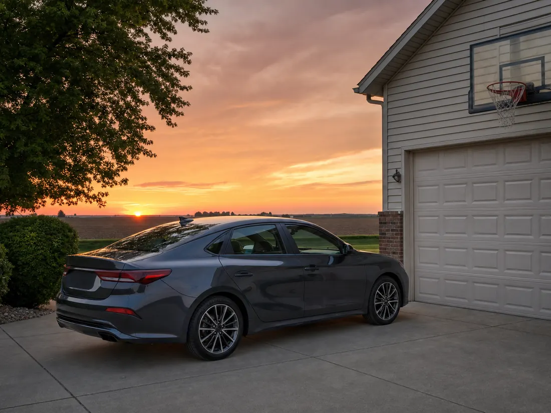 Sedan in the driveway of a Midwestern Indiana home with a basketball hoop over the garage, flat farmland horizon - selling a car in Indiana