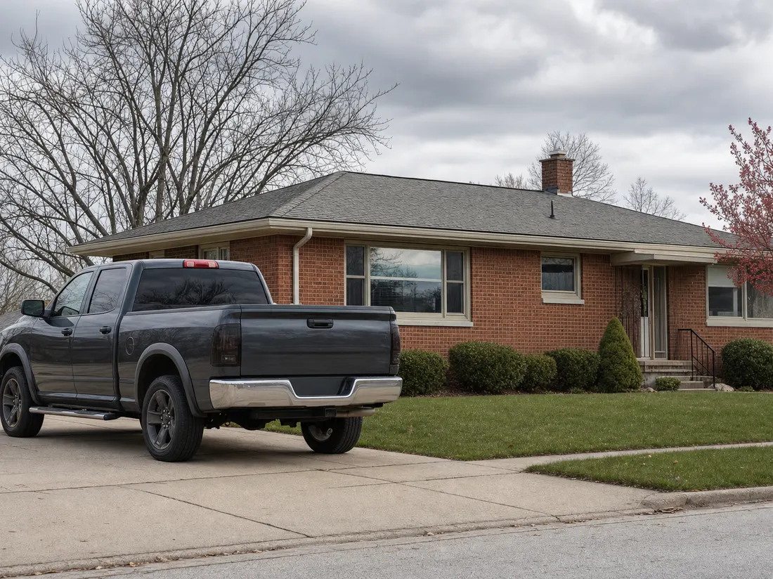 Pickup beside a brick bungalow in Cedar Rapids Iowa with a tidy lawn and rolling gray midwestern sky - selling a car in Cedar Rapids