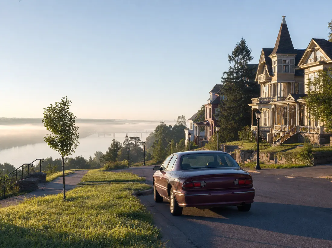 Older sedan parked on a bluff-side street of Victorian homes in Davenport Iowa with the river valley hazy below - selling a car in Davenport