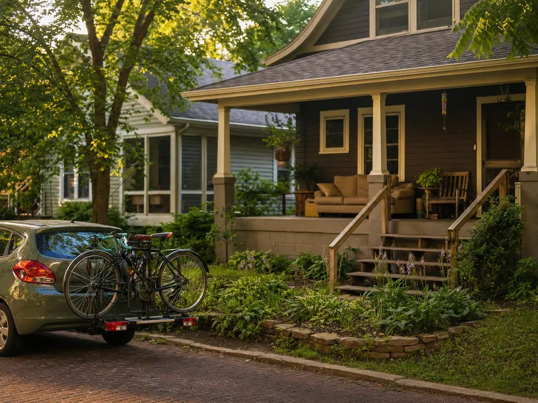 Compact car with a bike rack outside a craftsman student house in Iowa City Iowa, porch couch and leafy street - selling a car in Iowa City