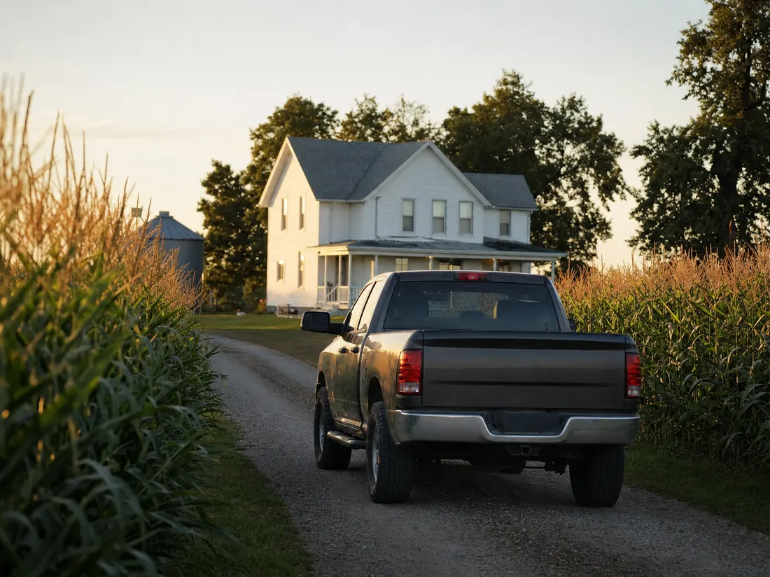 Pickup on a farm lane in Iowa with tall corn on both sides and a white farmhouse - selling a car in Iowa