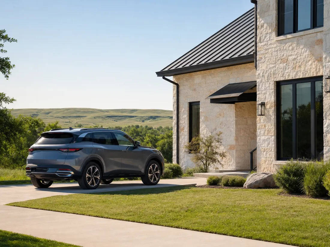 Compact SUV outside a limestone-accented home in Manhattan Kansas with the Flint Hills rolling in the distance - selling a car in Manhattan
