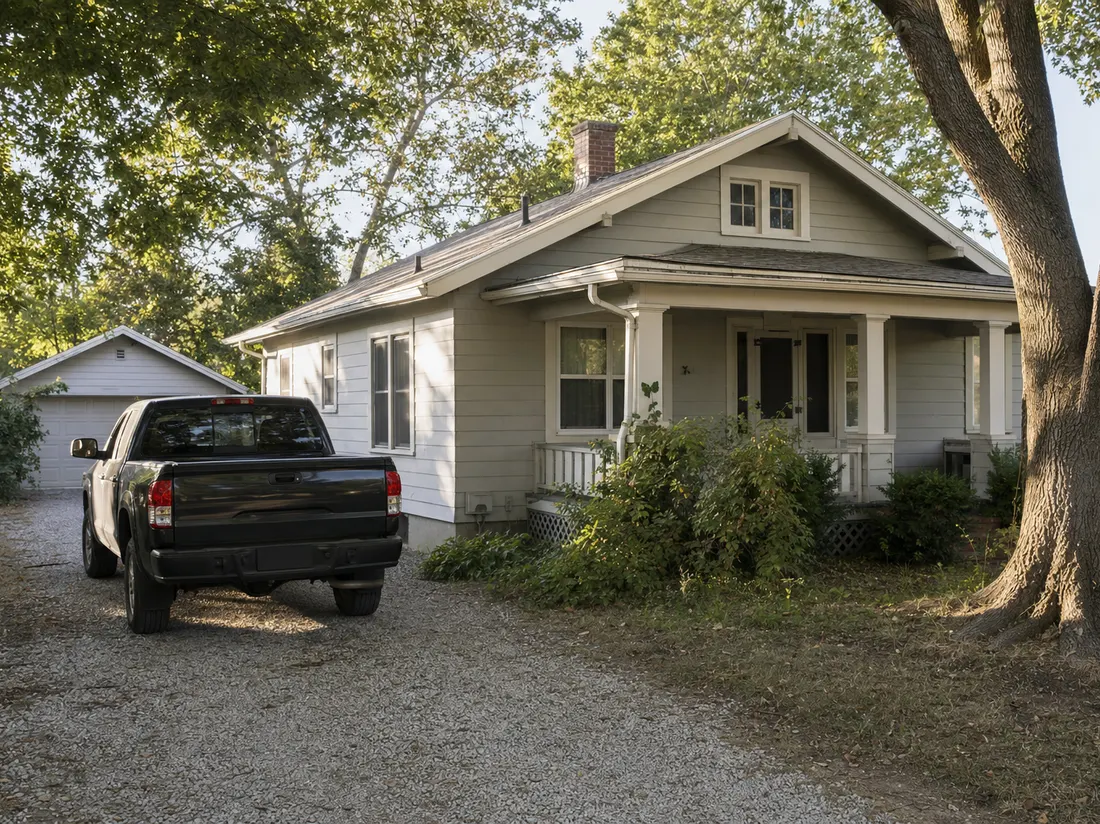 Pickup in the gravel side-drive of a Topeka Kansas bungalow with a detached garage and big cottonwood - selling a car in Topeka
