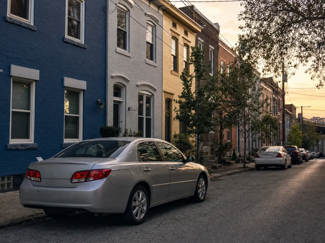 Sedan parked on a narrow street of Italianate rowhouses in Covington Kentucky with painted brick facades - selling a car in Covington