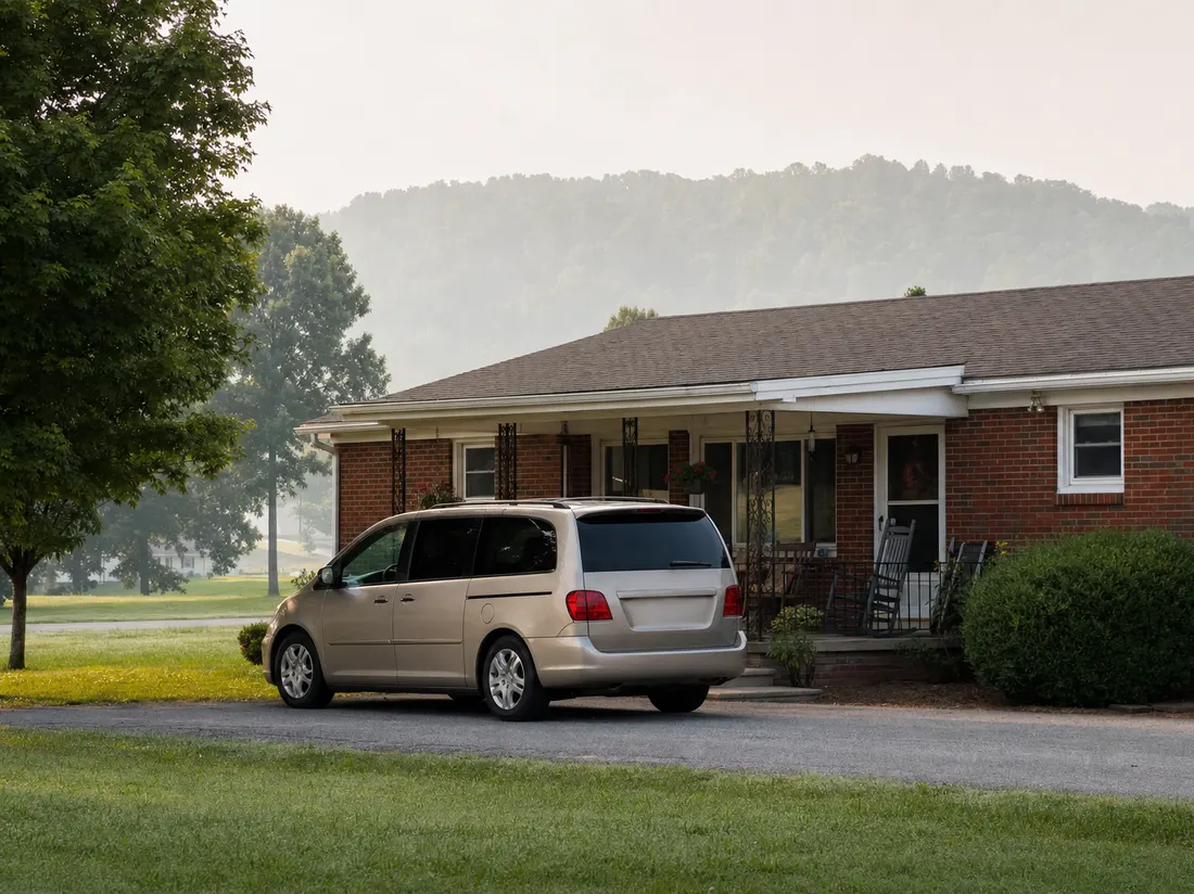 Minivan in the driveway of a modest brick ranch near Elizabethtown Kentucky with wooded knobs on the horizon - selling a car in Elizabethtown