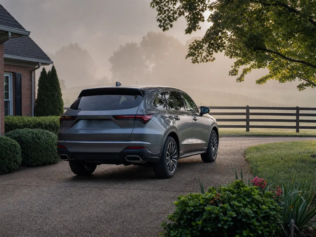 Crossover in the driveway of a brick home on the edge of Lexington Kentucky with a black plank horse fence and rolling pasture beyond - selling a car in Lexington
