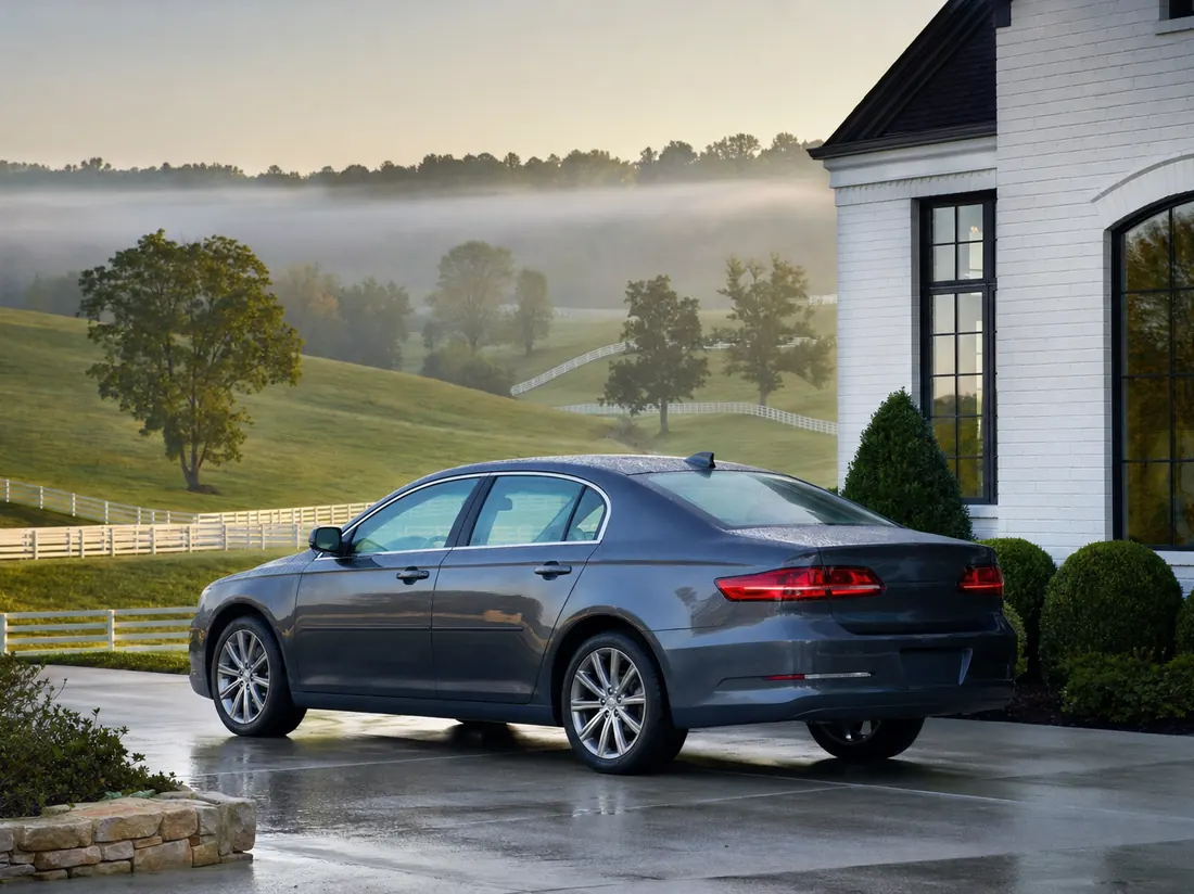 Sedan by a Kentucky home with white horse-fence paddocks and rolling bluegrass hills - selling a car in Kentucky