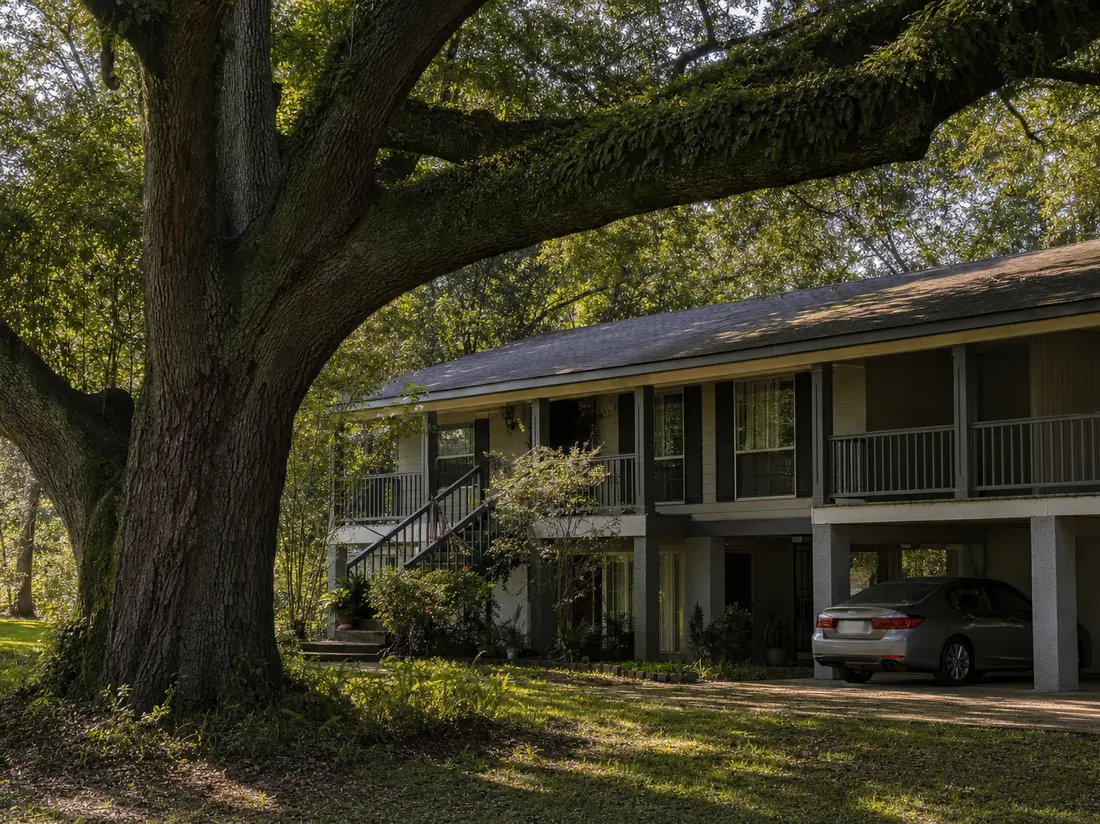 Sedan parked under the carport of a raised ranch home in Baton Rouge Louisiana with a massive live oak shading the yard - selling a car in Baton Rouge