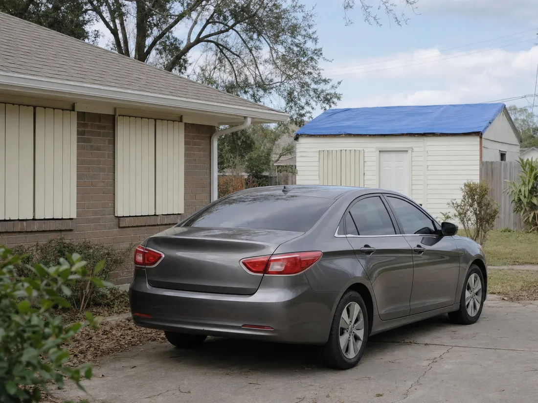 Sedan in the driveway of a Lake Charles Louisiana home with hurricane shutters and a blue-tarped shed roof in the background - selling a car in Lake Charles