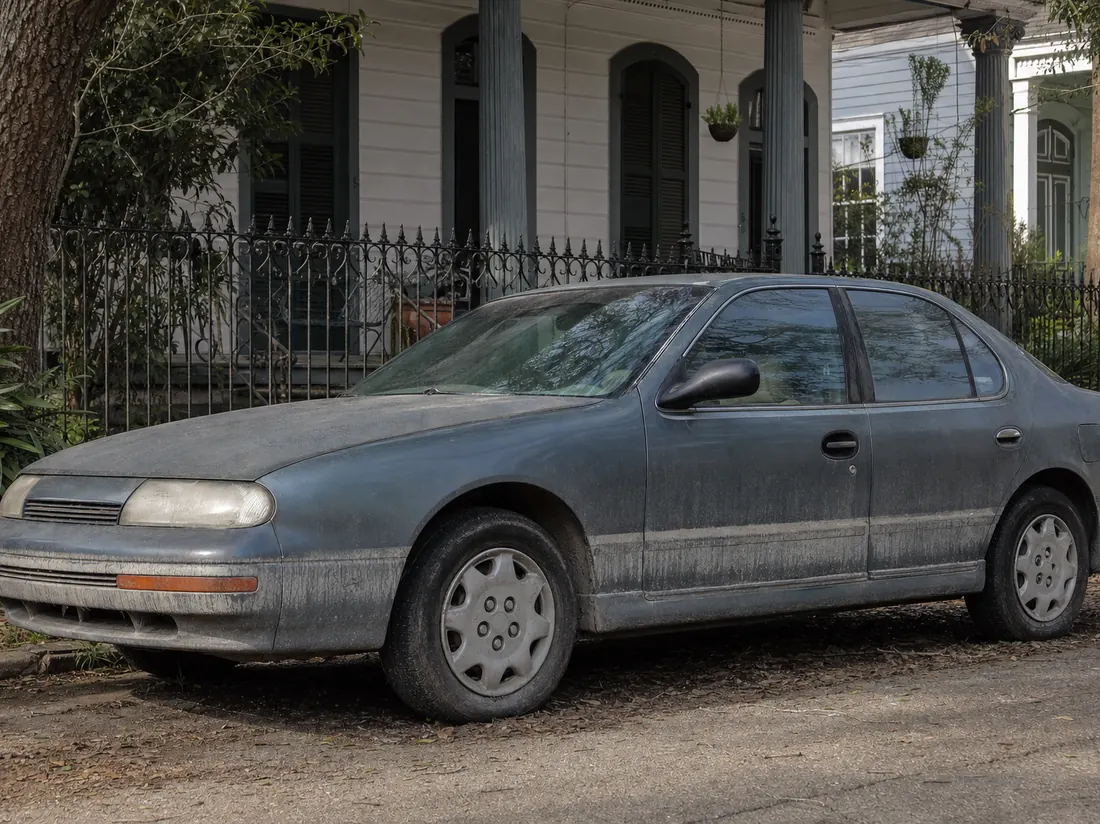 Water-line-stained older sedan parked by a New Orleans shotgun house with iron fence - selling a car in New Orleans