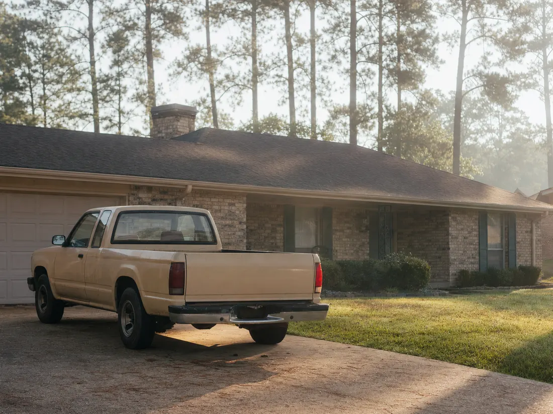Older pickup in the driveway of a brick home in Shreveport Louisiana with tall loblolly pines behind - selling a car in Shreveport