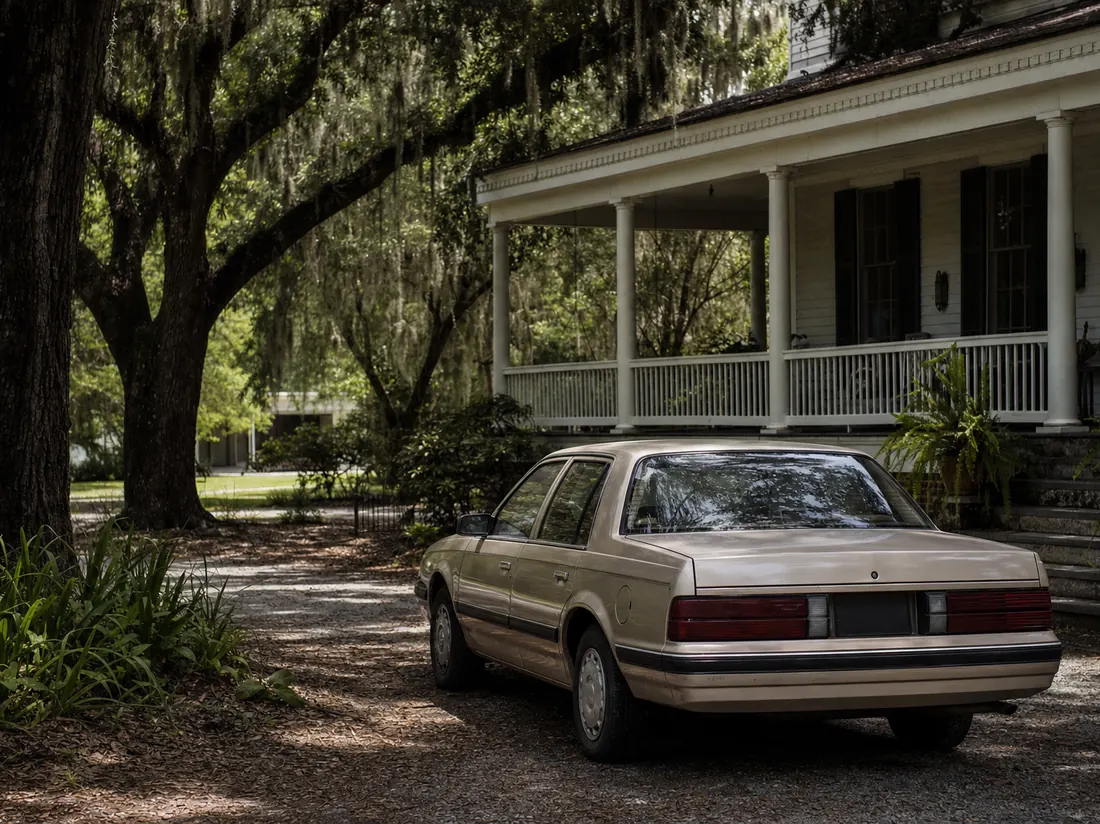 Older sedan in the driveway of a Louisiana home with a deep porch, live oaks and hanging moss - selling a car in Louisiana