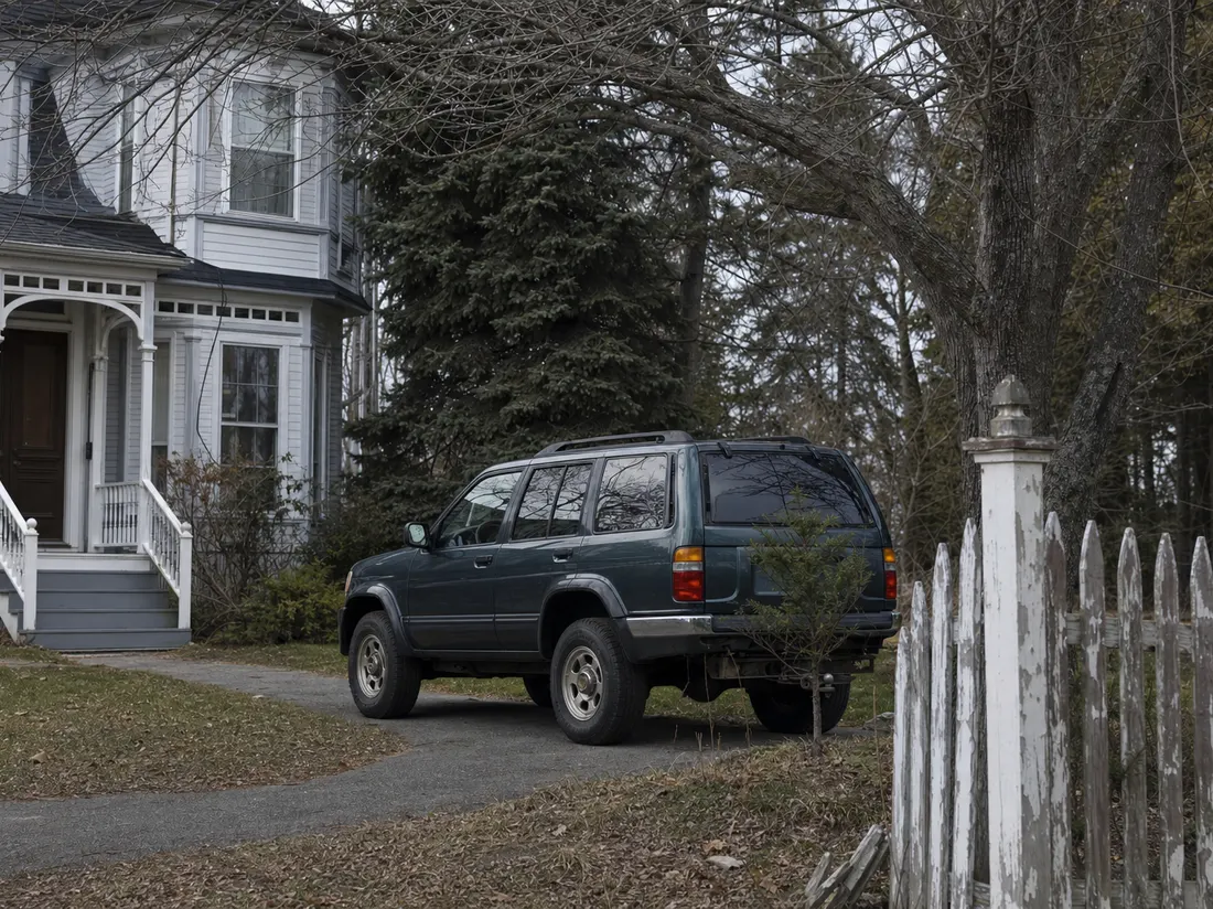Older SUV in the driveway of a Victorian-era home in Bangor Maine with spruce trees and peeling picket fence - selling a car in Bangor