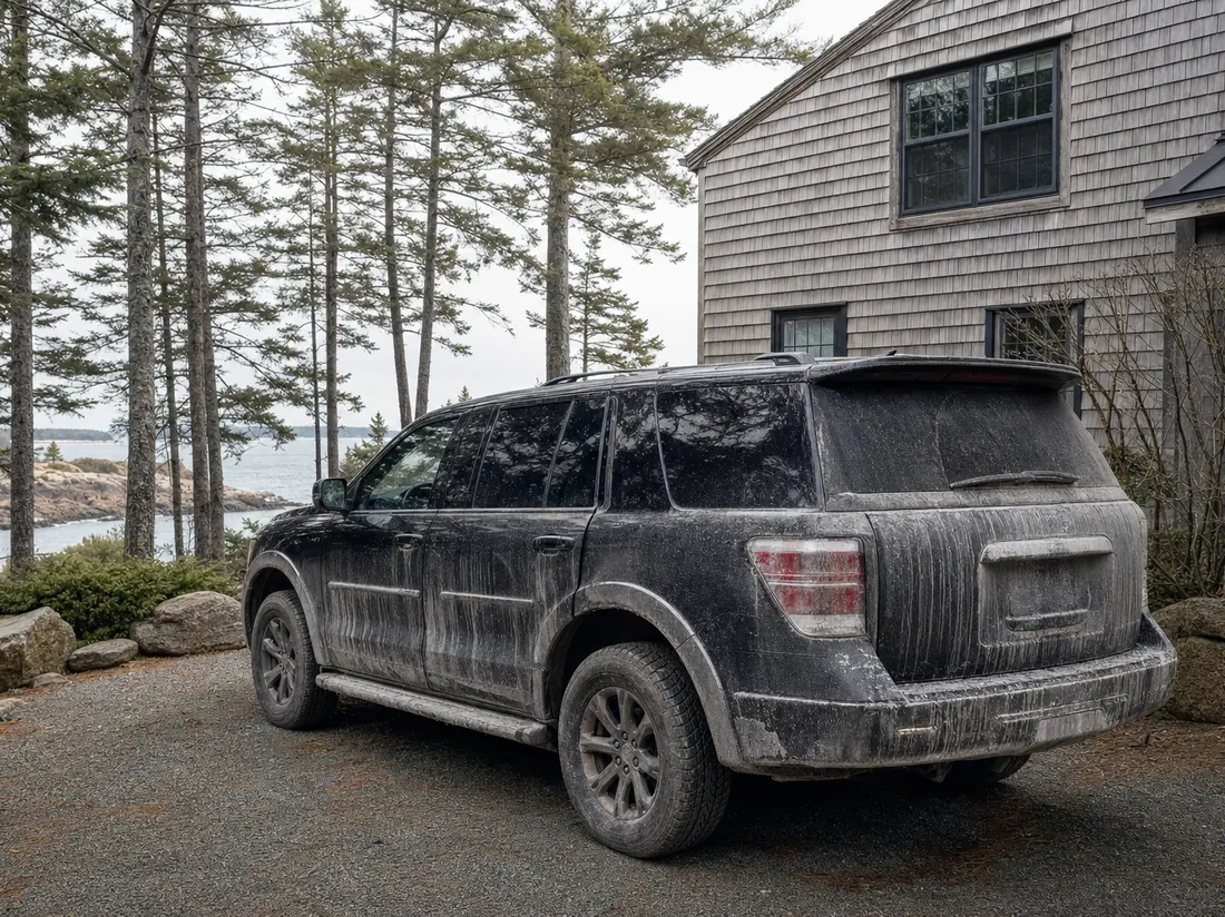 Salt-rusted SUV parked by a cedar-shingled Maine home with pines and a rocky coast glimpse - selling a car in Maine