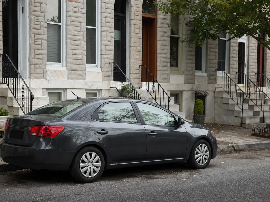 Compact car parked on a Baltimore rowhouse block with marble steps and formstone facades - selling a car in Baltimore