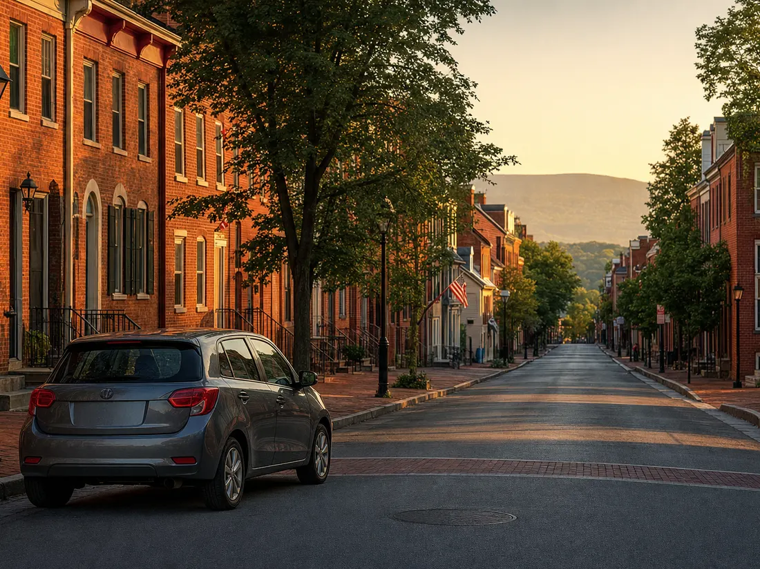 Compact car parked on a historic brick rowhouse block in Frederick Maryland with the Catoctin ridge visible at the street's end - selling a car in Frederick