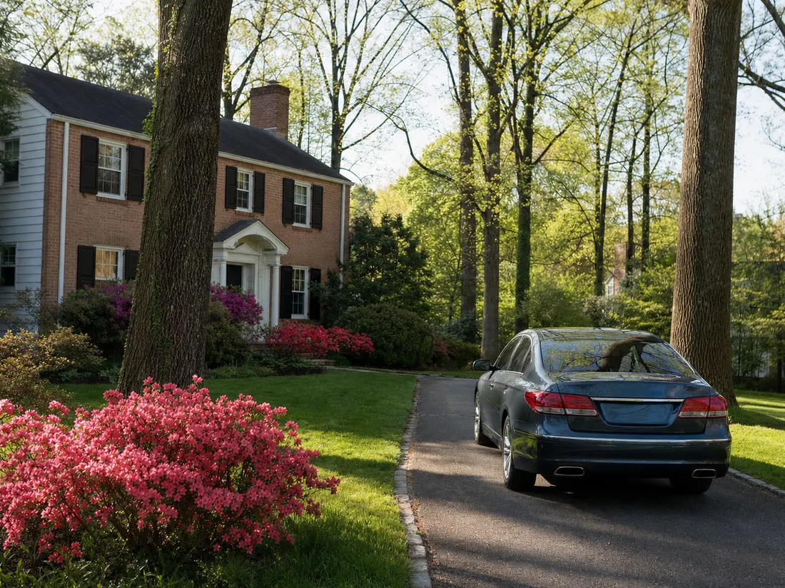 Sedan in the driveway of a brick colonial in Silver Spring Maryland with azaleas in bloom and tall tulip poplars - selling a car in Silver Spring