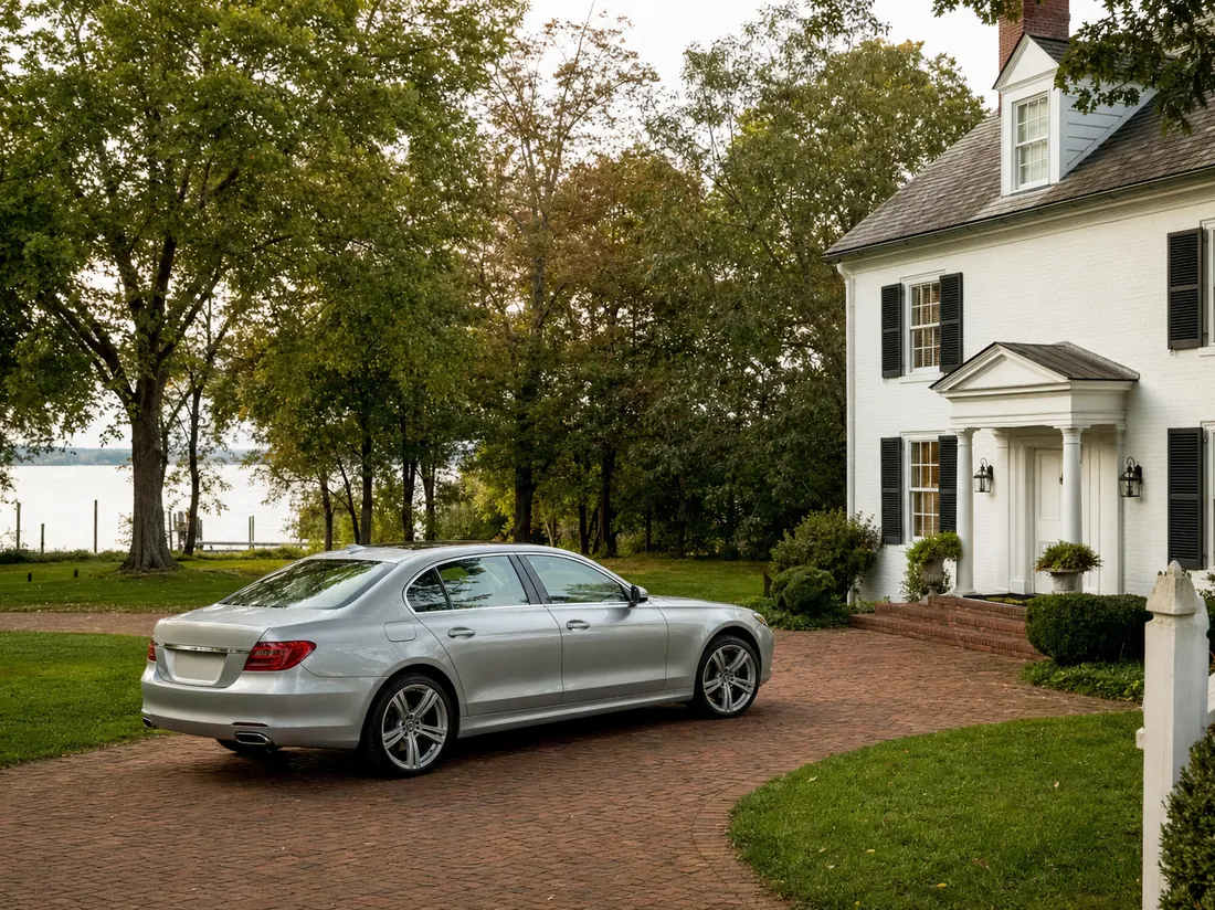 Sedan on a brick driveway at a Maryland colonial home, Chesapeake tidewater trees behind - selling a car in Maryland