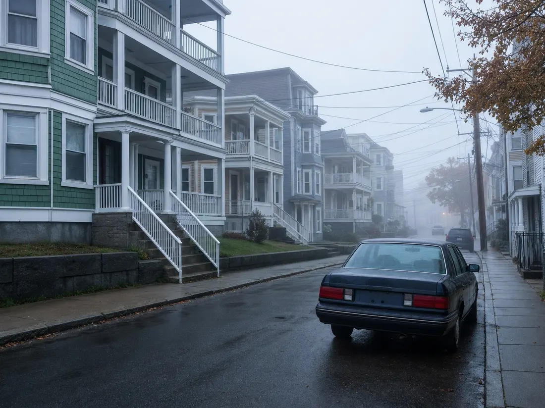 Older sedan on a fog-damp street of triple-deckers in New Bedford Massachusetts with harbor mist softening the block - selling a car in New Bedford