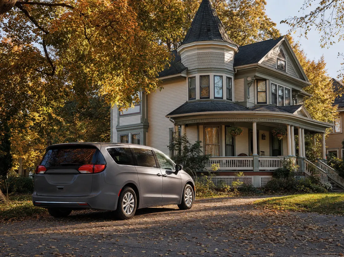 Minivan in the driveway of a Victorian home in Springfield Massachusetts with a turret and mature maples - selling a car in Springfield