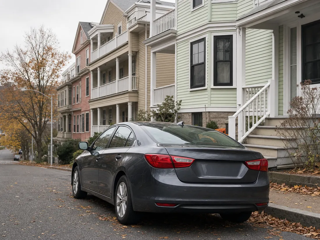 Sedan parked on a triple-decker residential street in Massachusetts with clapboard houses, autumn leaves - selling a car in Massachusetts