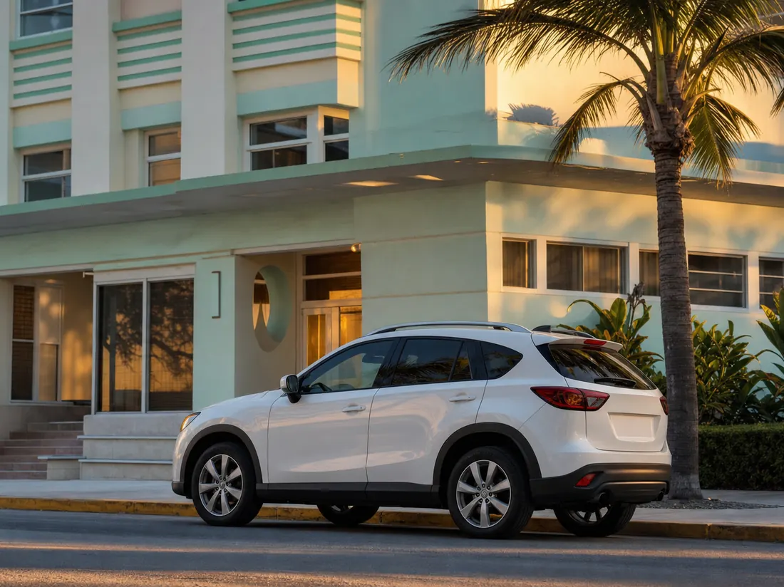 Compact SUV outside a pastel Miami apartment building - selling a car in Miami