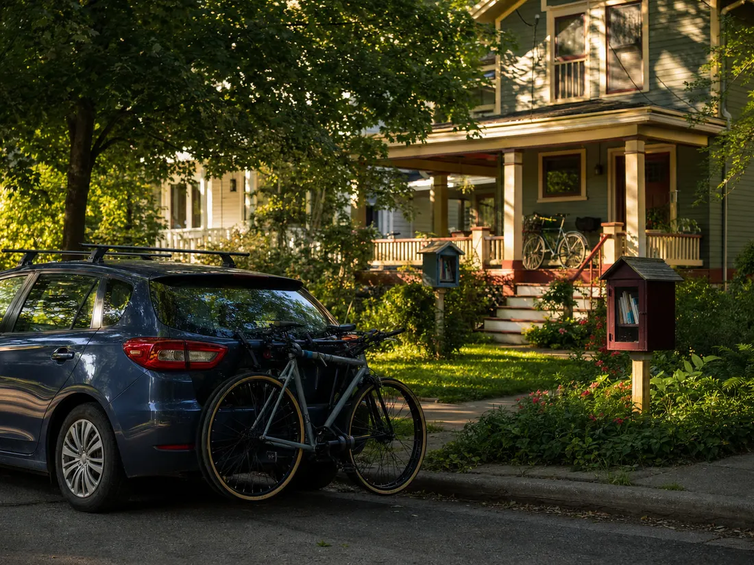 Hatchback with a bike rack outside a leafy craftsman home in Ann Arbor Michigan, porch bikes and book boxes - selling a car in Ann Arbor