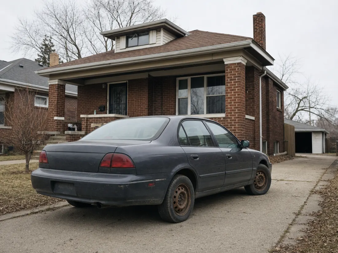 Rust-wheeled sedan in the driveway of a Detroit brick bungalow, bare winter trees - selling a car in Detroit
