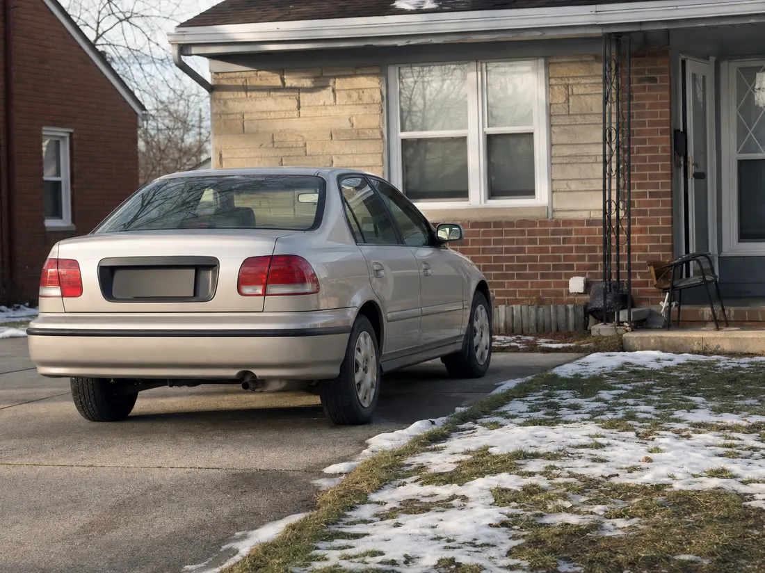 Older sedan in the driveway of a brick bungalow in Flint Michigan with patchy snow melting on the lawn - selling a car in Flint