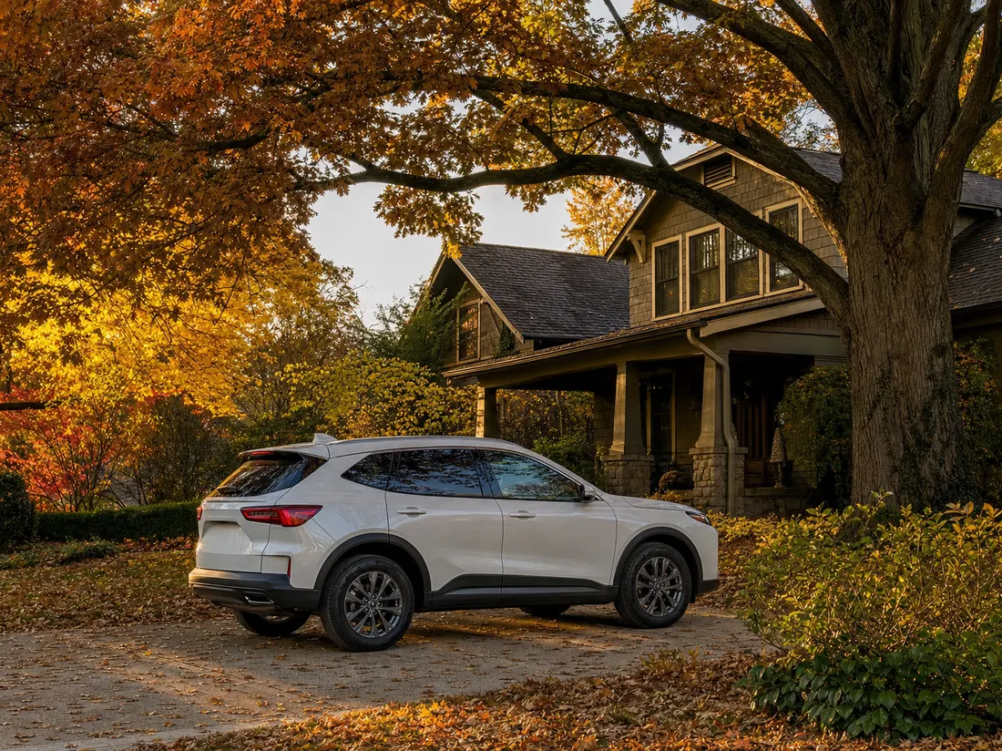 Crossover in the driveway of a craftsman home in Grand Rapids Michigan under oaks in full autumn color - selling a car in Grand Rapids