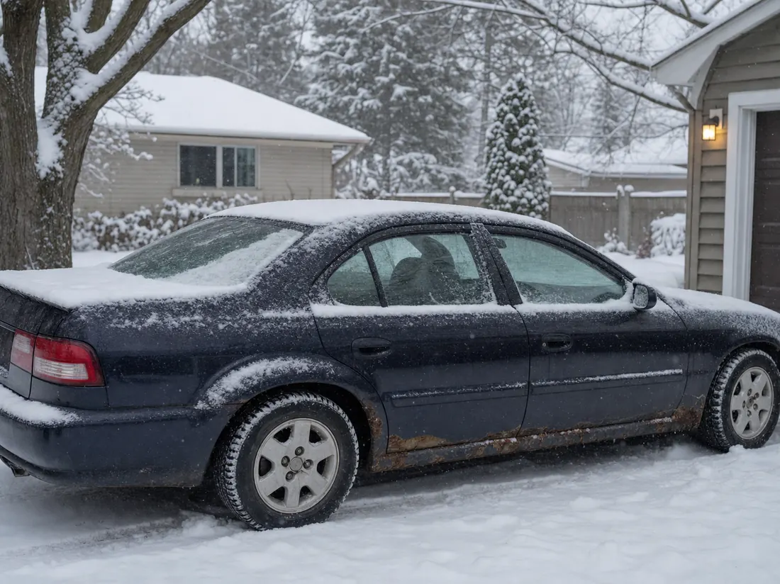 Sedan with visible rocker-panel rust parked in the snowy driveway of a Michigan home - selling a car in Michigan