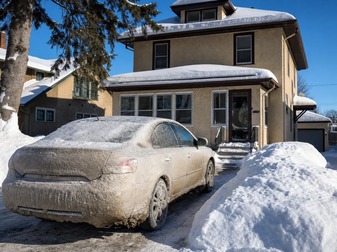 Salt-crusted sedan in a Minneapolis driveway with big snowbanks and a stucco foursquare home - selling a car in Minneapolis