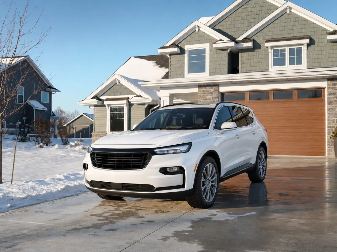 Clean SUV in the driveway of a newer suburban home in Rochester Minnesota with snow-covered lawn and clear cold sky - selling a car in Rochester
